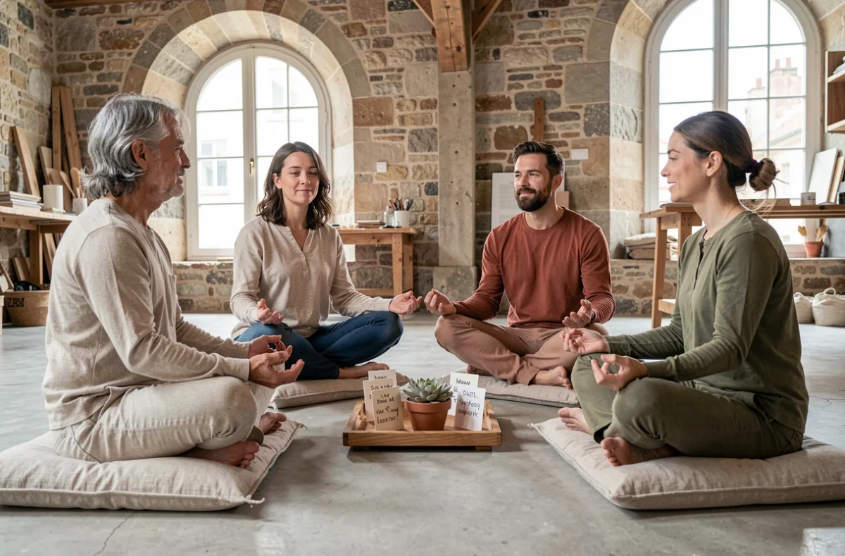 Atelier collectif de pensée positive en groupe dans un espace aux murs en pierre de Bordeaux, participants assis en cercle sur des coussins naturels