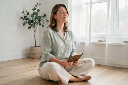 Femme pratiquant la pensée positive dans un espace de soin minimaliste, assise sur un parquet en bois clair avec un journal à la main