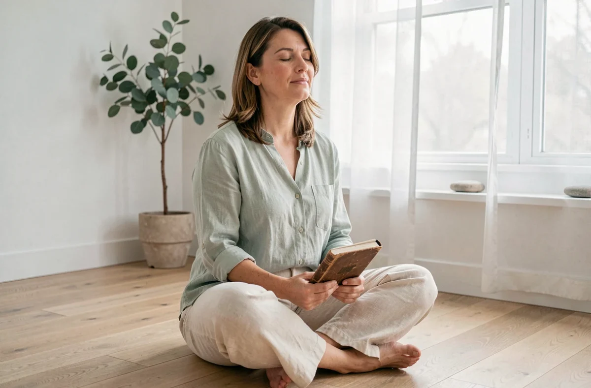 Femme pratiquant la pensée positive dans un espace de soin minimaliste, assise sur un parquet en bois clair avec un journal à la main