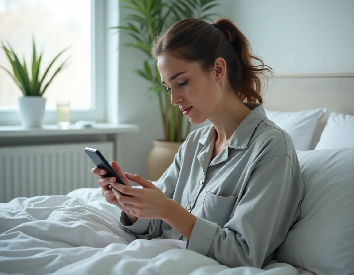 Jeune femme en pyjama consultant une application médicale sur son téléphone depuis son lit pendant une période d'incubation Covid, illustration des conseils d'isolement 2026
