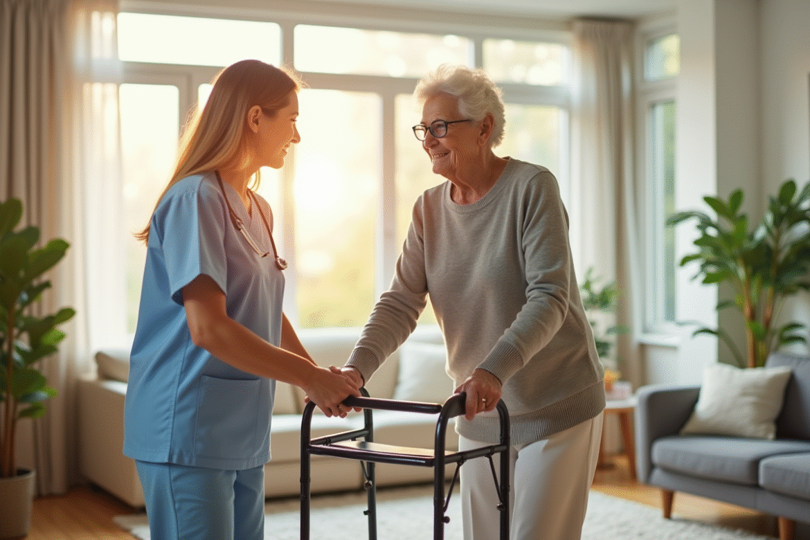 Infirmière aidant une personne âgée avec un déambulateur dans un salon lumineux
