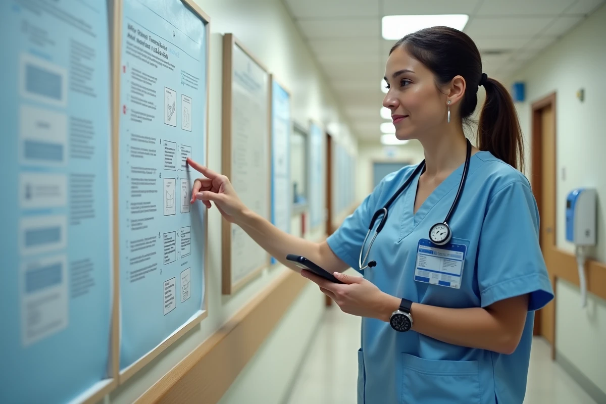 Infirmière consultant une liste de vérification en cas d'indisponibilité d'accès informatique à l'hôpital