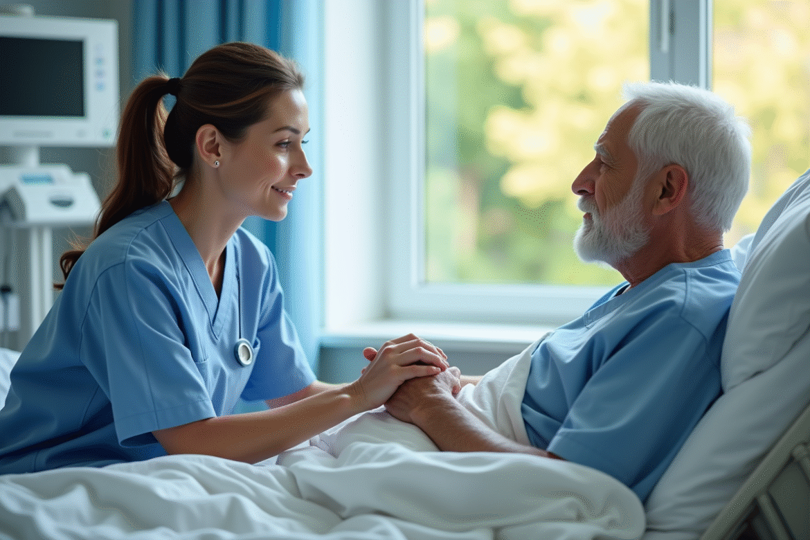 Infirmière aidant un homme âgé dans un lit d'hôpital