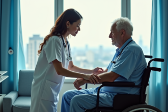 Infirmière vérifiant le pouls d'un patient âgé en fauteuil