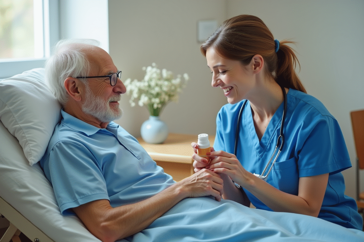 Infirmière en blouse bleue avec patient âgé en hospice