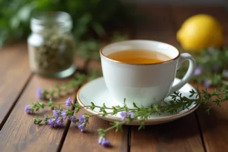 Infusion de thym dans une tasse en céramique blanche avec des brins de thym frais sur une table en bois