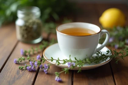 Infusion de thym dans une tasse en céramique blanche avec des brins de thym frais sur une table en bois
