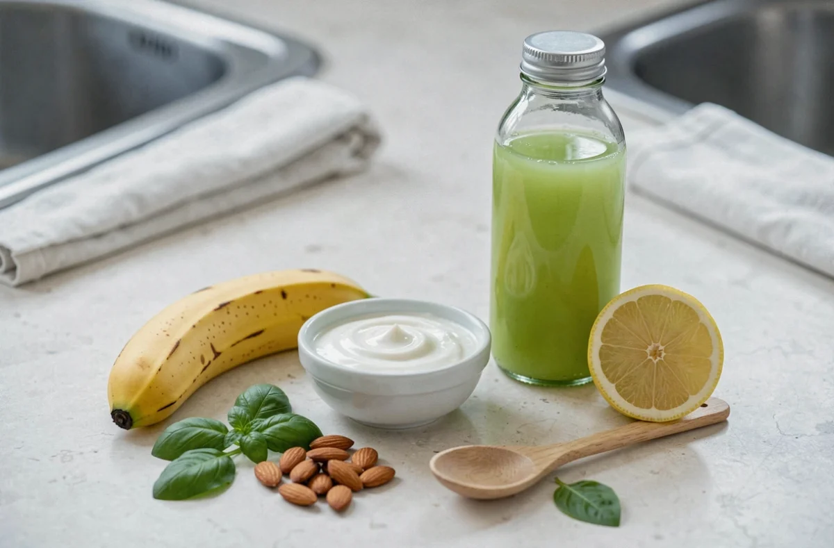 Ingrédients naturels contre le reflux gastrique posés sur un comptoir en pierre, incluant banane, yaourt, amandes et jus d'aloe vera