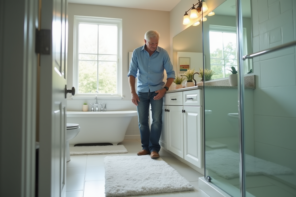 Personne âgée installant des tapis antidérapants dans une salle de bain propre
