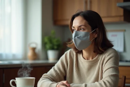 Femme portant un masque assise seule dans sa cuisine pendant une période d'isolement Covid, illustrant les précautions d'incubation en 2026