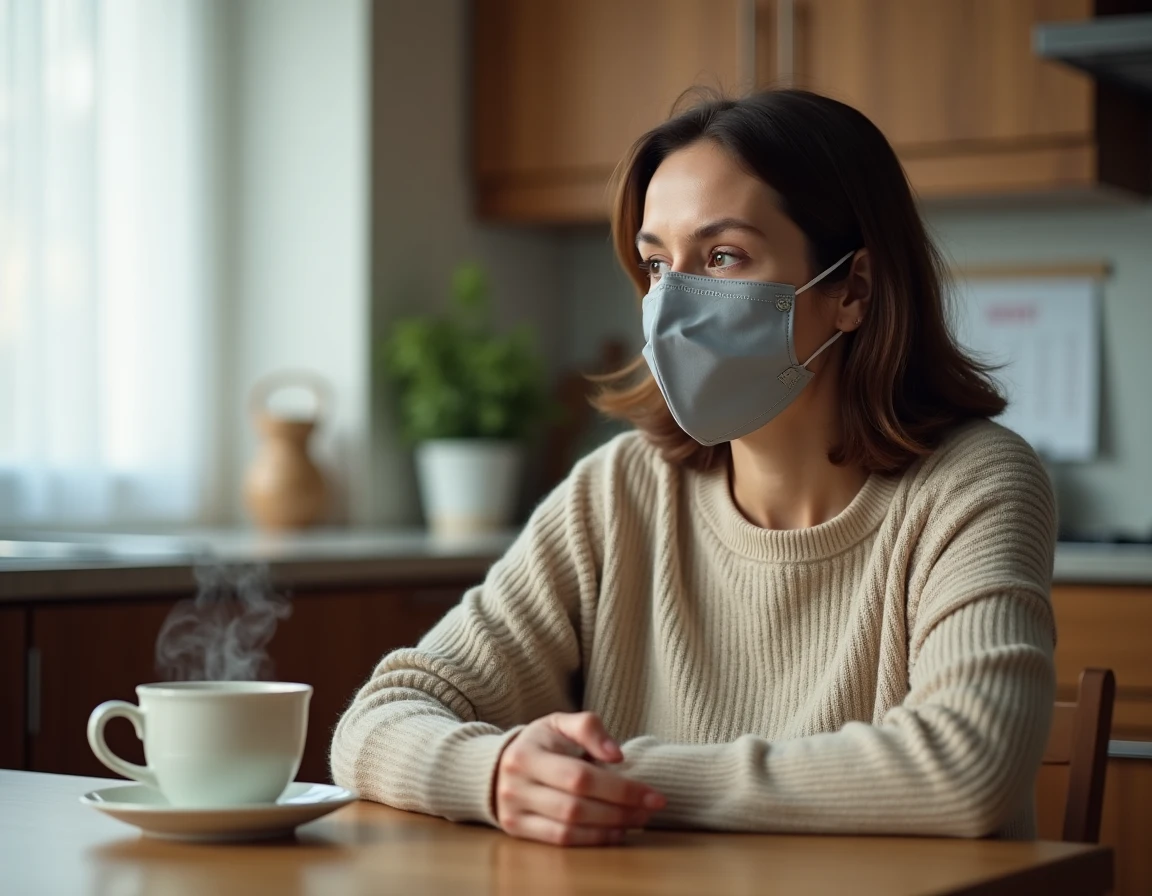 Femme portant un masque assise seule dans sa cuisine pendant une période d'isolement Covid, illustrant les précautions d'incubation en 2026