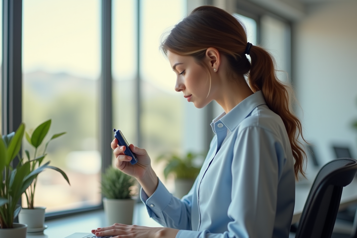 Jeune femme vérifiant son taux de sucre au travail