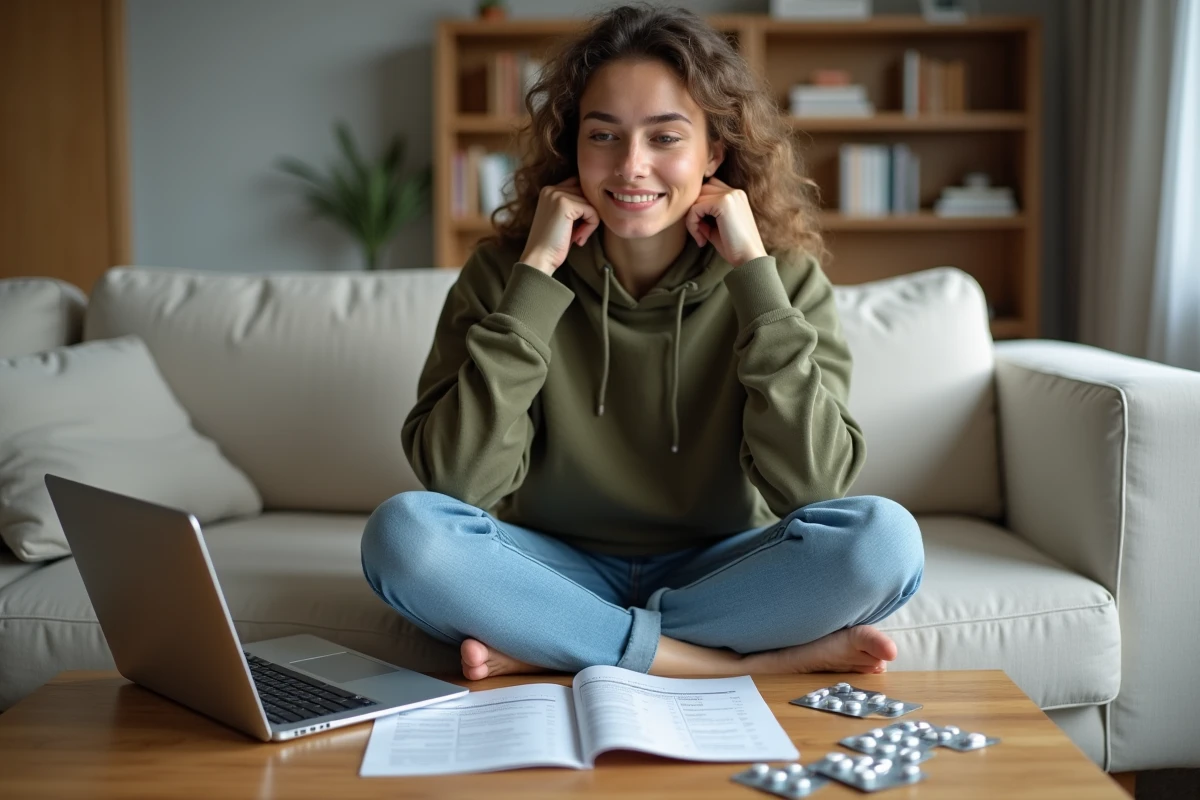 Jeune femme consultant un guide sur les classes de médicaments entourée de plaquettes de comprimés dans son salon