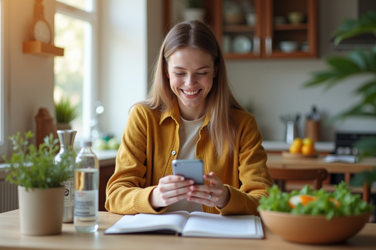 Jeune femme utilisant son smartphone pour réserver un rendez-vous nutrition