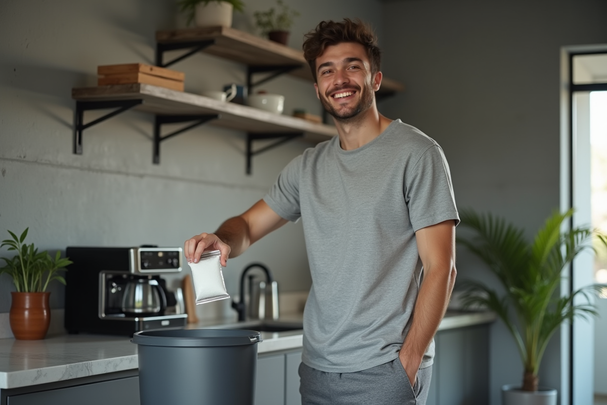 Jeune homme jetant du sucre à la poubelle dans la cuisine