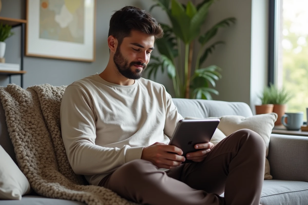 Jeune homme lisant un guide santé sur une tablette