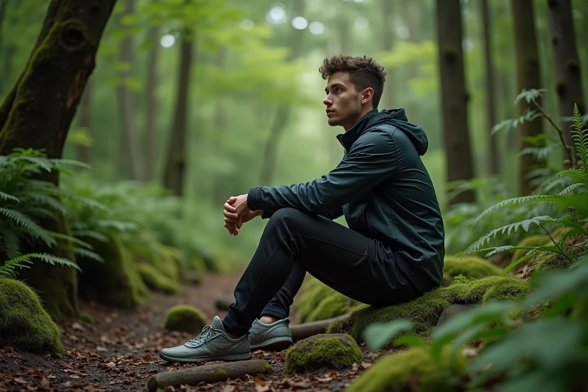 Jeune homme en nature contemplant la forêt verte