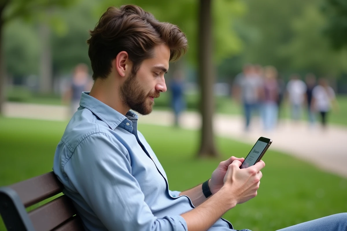 Jeune homme lisant un blog sur son smartphone dans un parc urbain