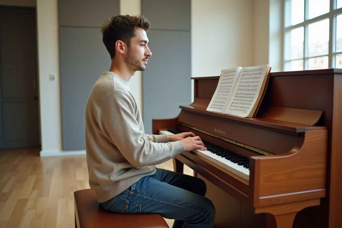 Jeune homme joue du piano dans un studio lumineux