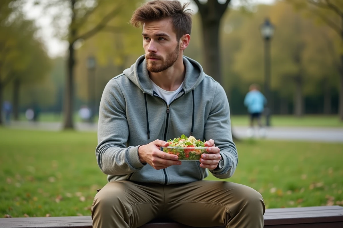 Jeune homme mangeant salade dans un parc urbain