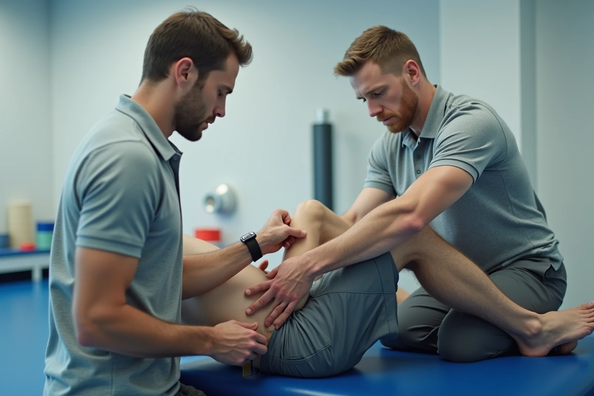 Kinésithérapeute massant le mollet d'un sportif allongé sur une table de traitement pour soulager une contracture musculaire