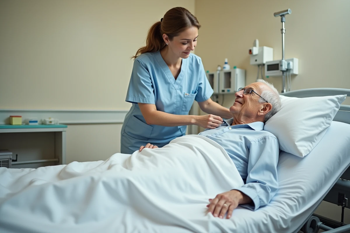 Kinésithérapeute repositionnant un patient âgé en décubitus latéral pour prévenir les escarres du sacrum en milieu hospitalier