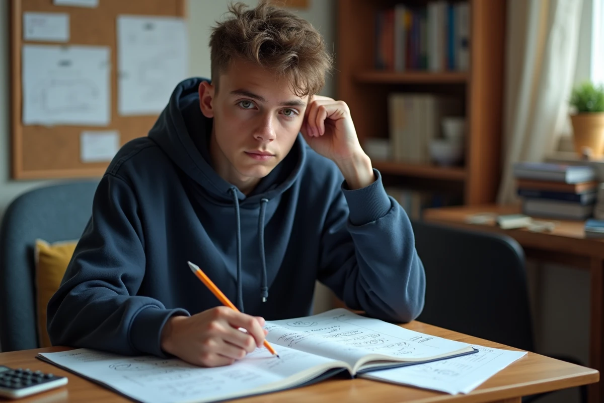 Lycéen révisant des exercices corrigés de calcul de concentration chimique à son bureau avec calculatrice et manuel