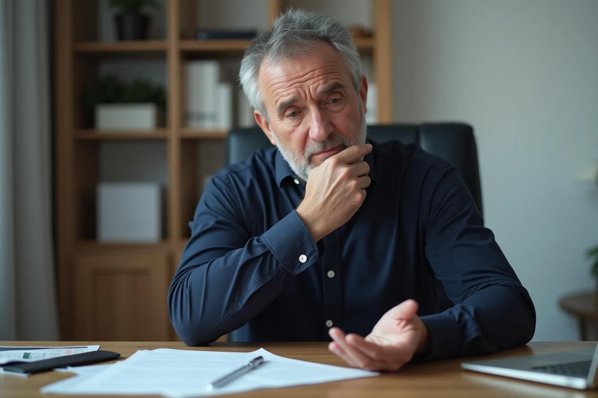 Homme regardant sa main froide et engourdie assis à son bureau à domicile, symptôme de troubles de la circulation ou de compression nerveuse