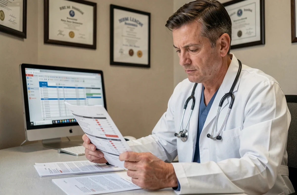 Médecin analysant des résultats d'analyse de sang montrant un taux d'hématies élevé en consultation médicale