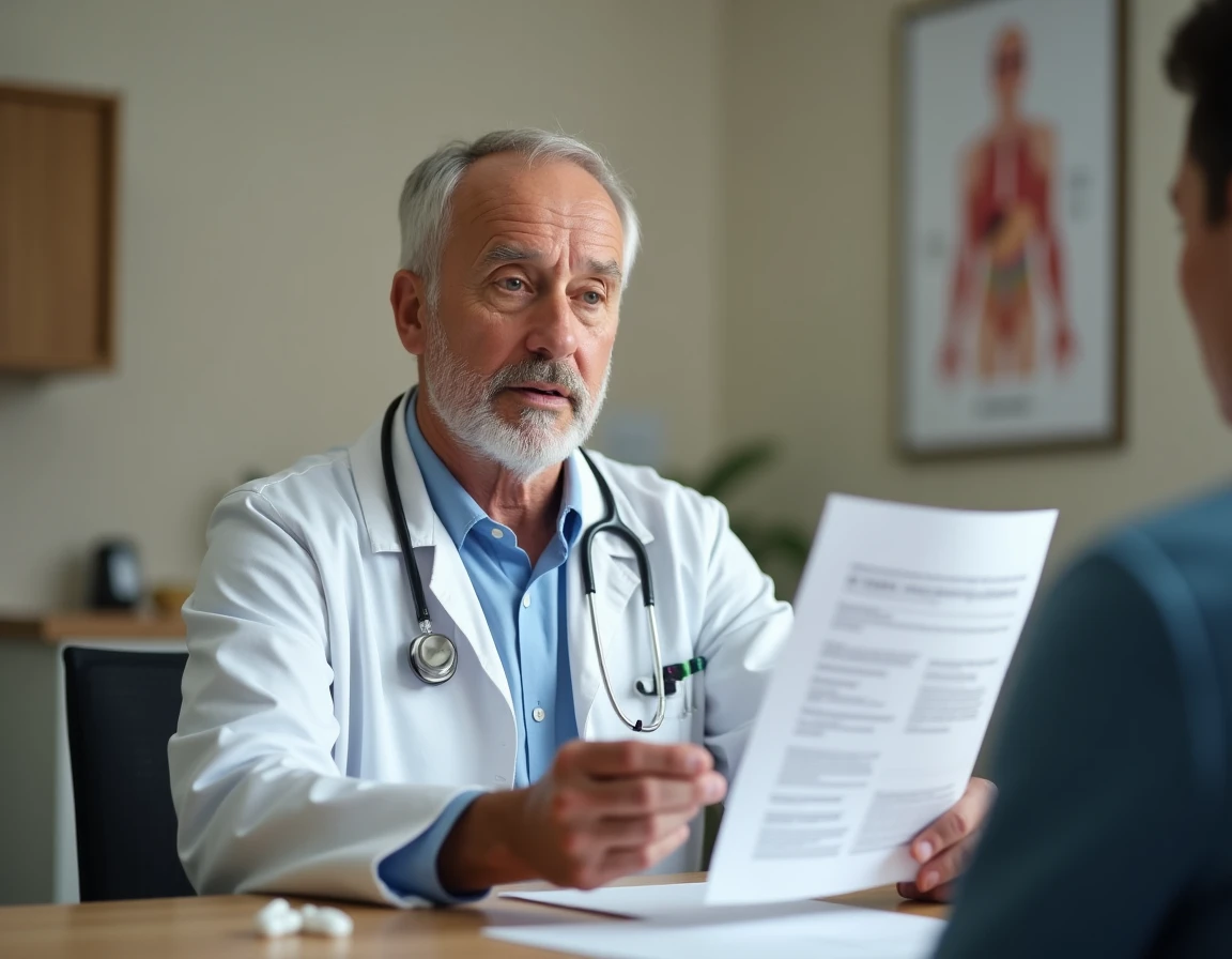 Médecin généraliste expliquant à son patient les avis médicaux sur un programme de perte de poids en consultation