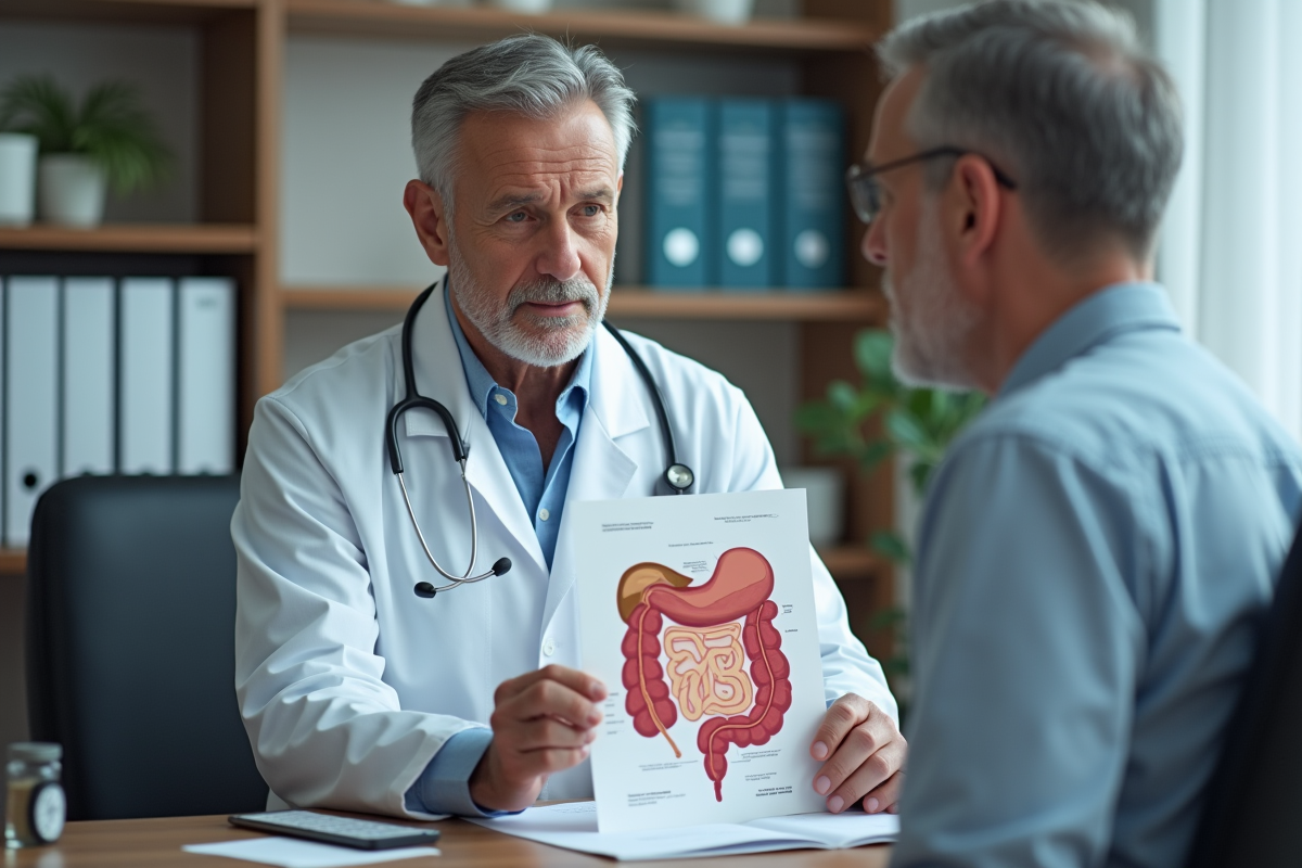 Medecin expliquant diagramme intestinal au patient