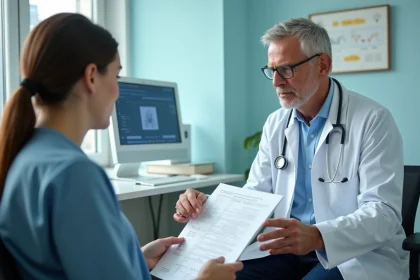 Médecin en consultation expliquant un graphique médical