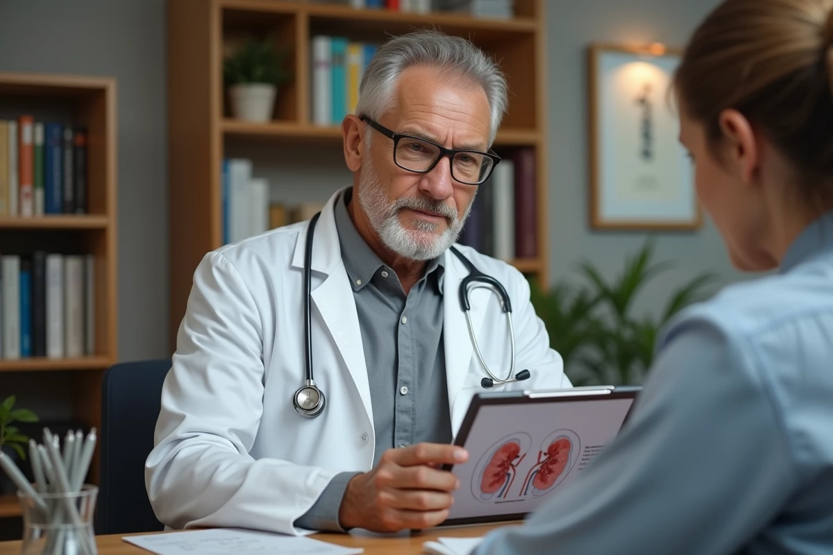 Médecin généraliste expliquant la fonction rénale et la microalbuminurie à un patient en consultation