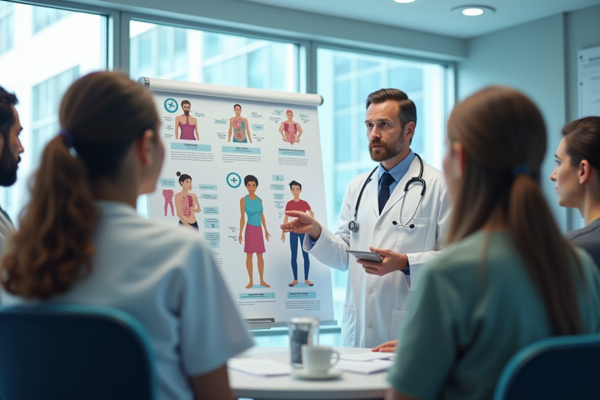 Medecin expliquant les categories de maladies a un groupe diverse