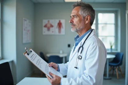Medecin en blouse blanche examine un rapport hematologique
