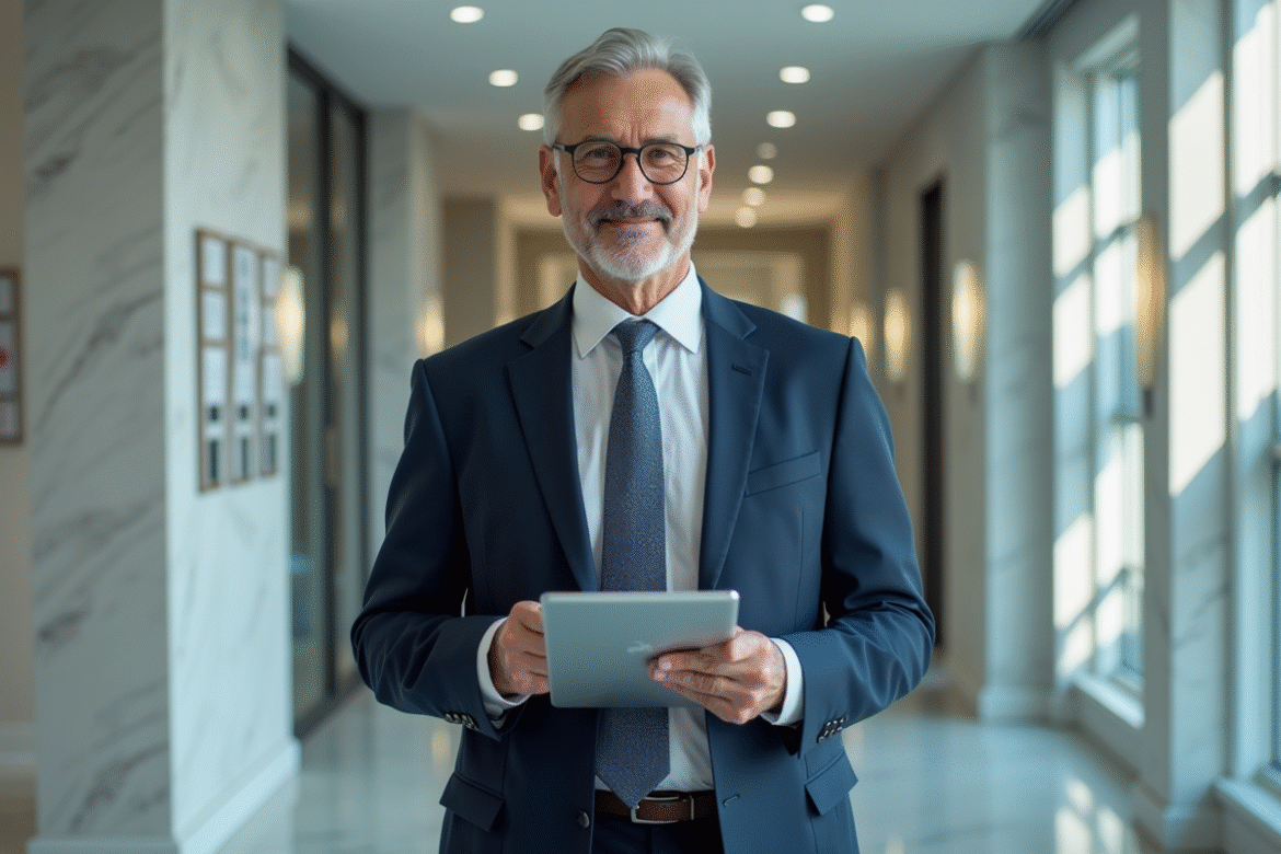 Médecin homme en costume navy dans un bureau moderne