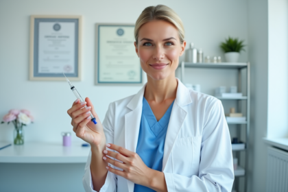 Professionnelle médicale avec seringue en clinique moderne