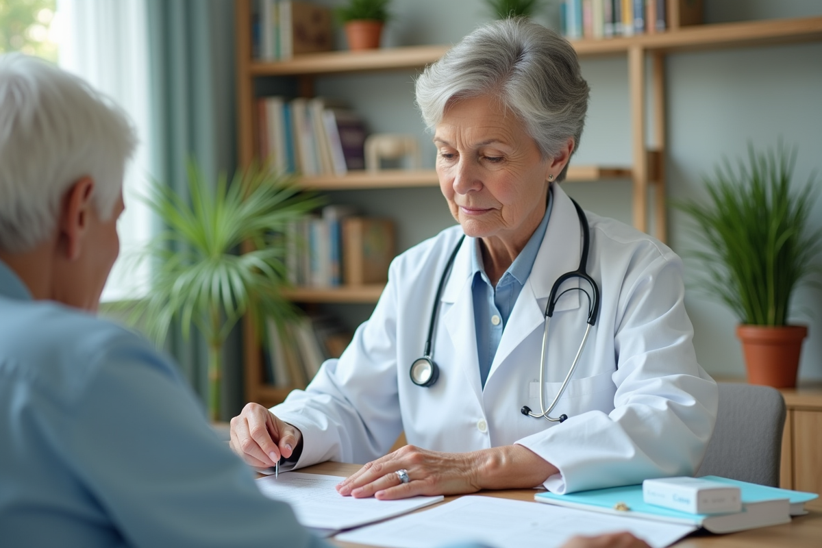 Docteur lisant un dossier médical avec médicament Levsin