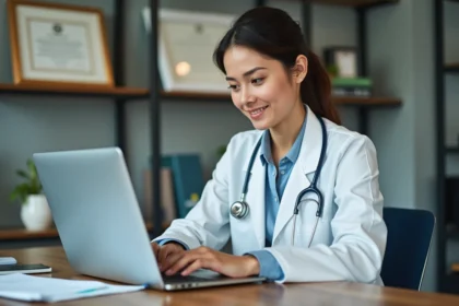 Médecin femme utilisant un logiciel de gestion de consultations médicales sur ordinateur portable dans son cabinet