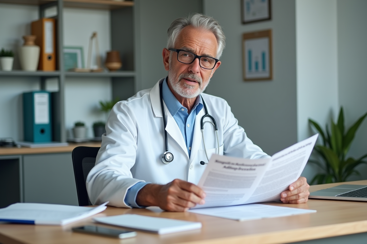 Médecin expérimenté examinant un contrat dans son cabinet médical