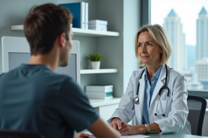 Rhumatologue femme en consultation avec un jeune homme