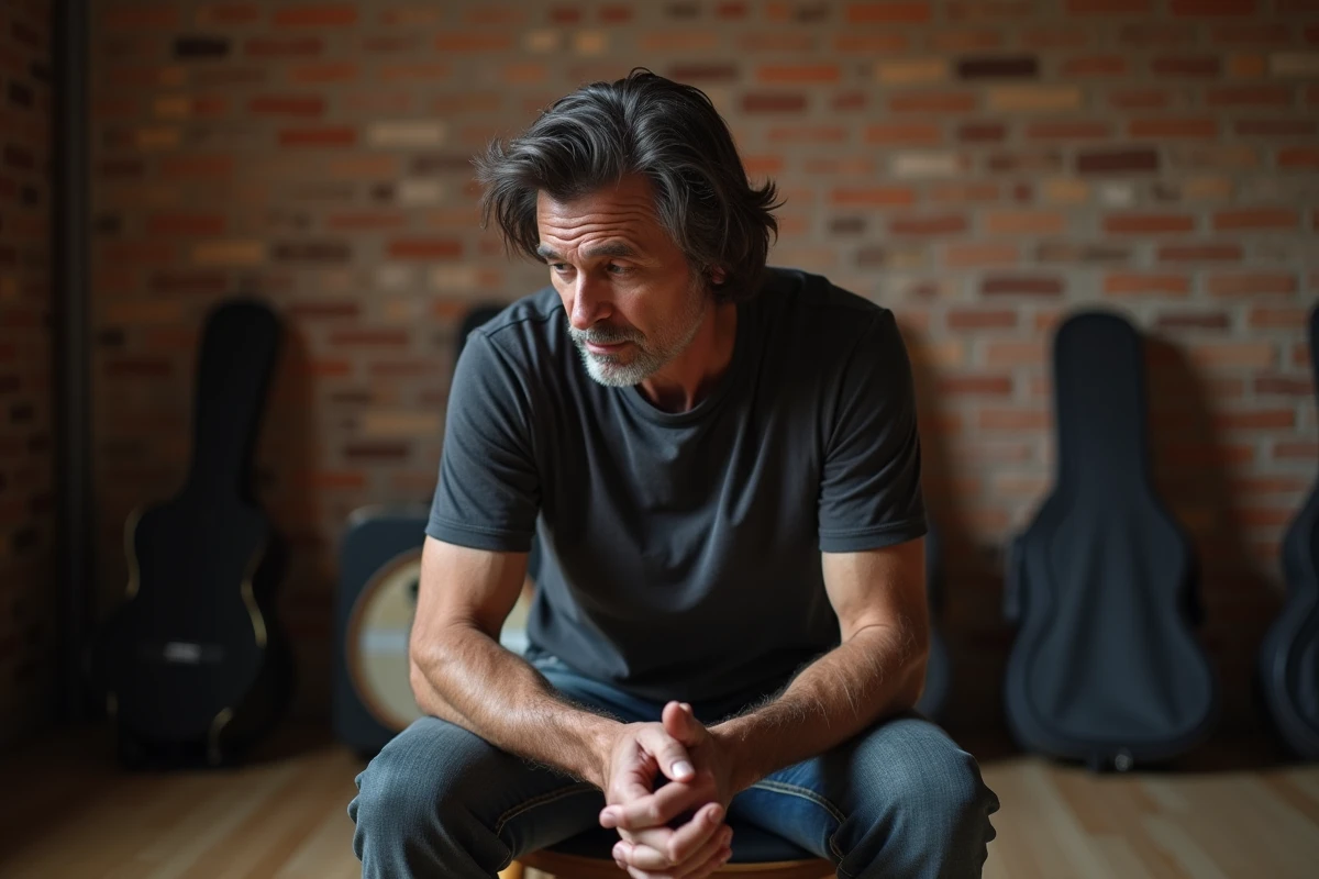 Musicien introspectif assis seul dans une salle de répétition, regard pensif évoquant la fatigue et la maladie silencieuse