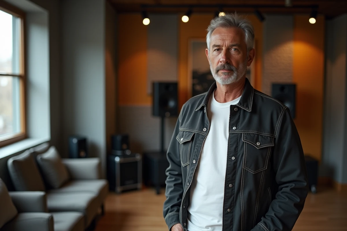 Musicien en studio d'enregistrement, regard pensif et atmosphère documentaire authentique