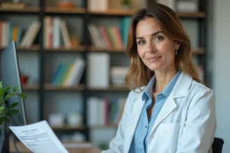 Nutritionniste professionnelle examinant un rapport de santé lié à un programme de régime alimentaire dans son cabinet médical moderne