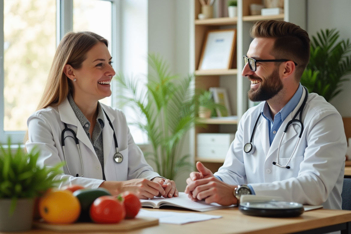 Nutritionniste consultante avec un patient dans un bureau lumineux