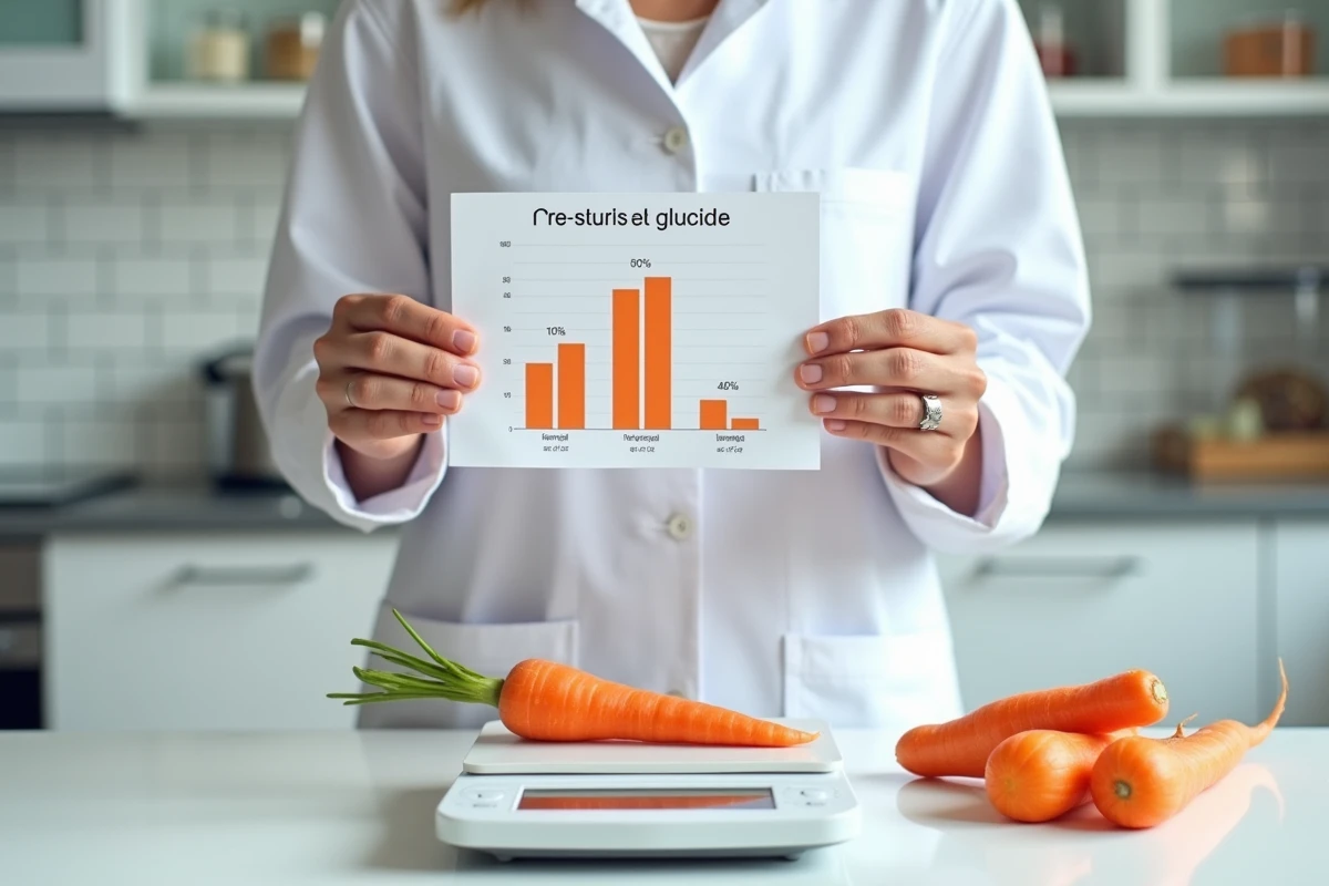 Nutritionniste tenant un tableau des valeurs nutritionnelles des carottes avec une balance de cuisine et des carottes pelées sur un comptoir blanc dans un cabinet diététique moderne