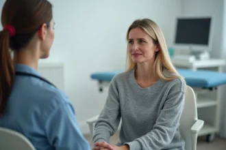 Femme adulte présentant un œdème de Quincke de la lèvre lors d'une consultation médicale
