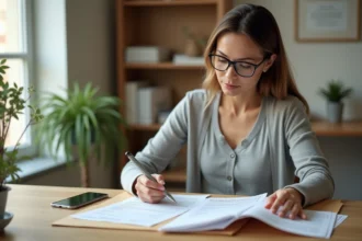 Femme organisant des documents médicaux dans un classeur pour un bilan en ergothérapie