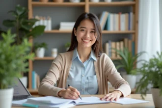 Jeune orthophoniste organisant des papiers dans son bureau lumineux