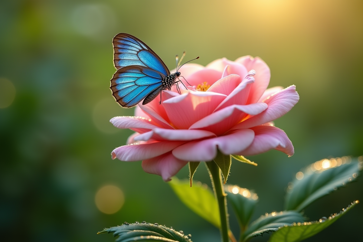 Papillon bleu posé sur une rose rose dans un jardin